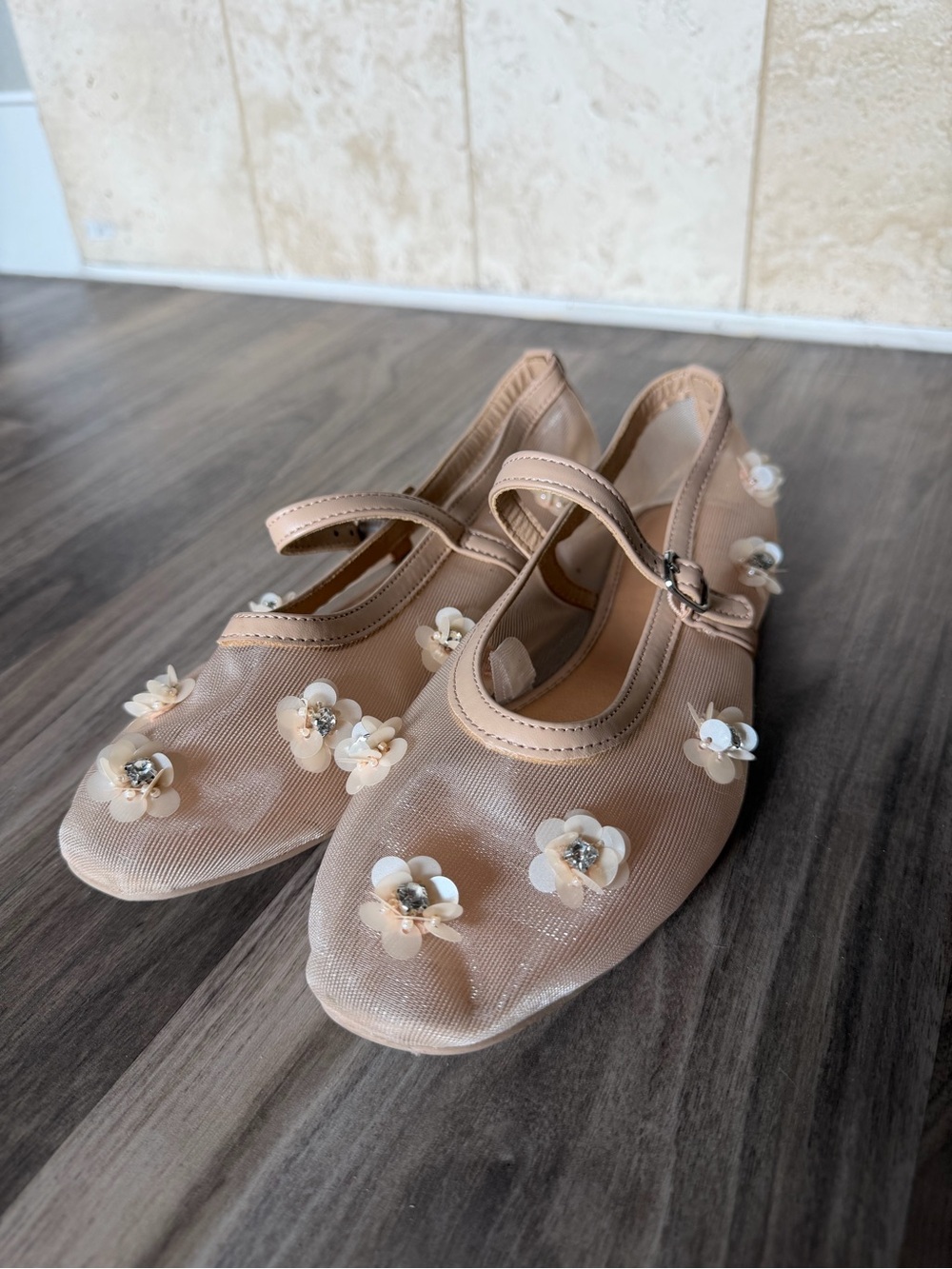 a new day Beige Floral Mary Jane Flats with Embellished Flowers
